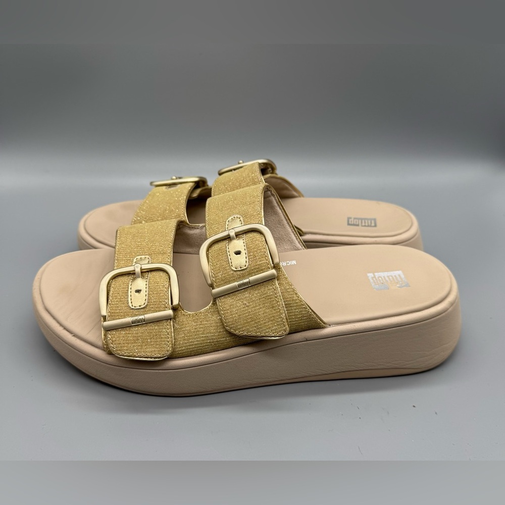 FitFlop F-Mode Buckle Shimmerlux Flatform Sandals Gold Womans sz 8 Orig $130
